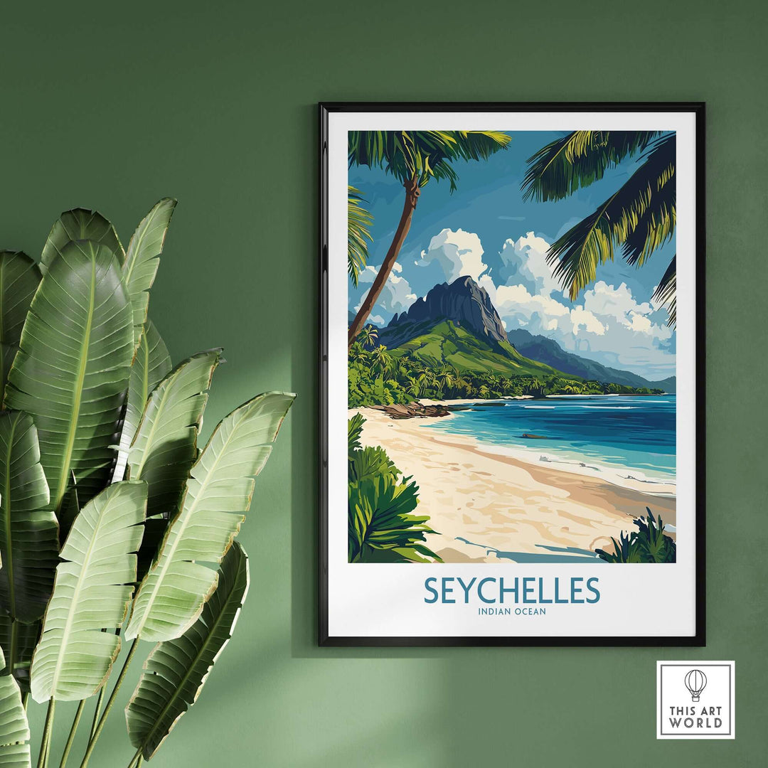 Seychelles wall art print featuring vibrant colors of the beach and mountains, a perfect travel gift for art lovers.