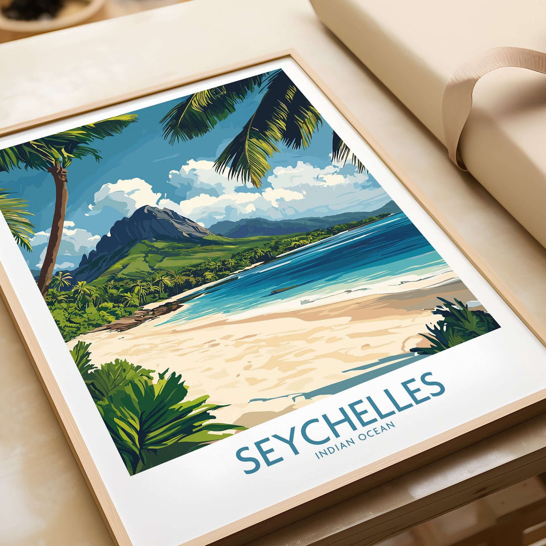 Seychelles wall art print featuring vibrant beach scenery and lush palm trees, perfect for travel lovers and home decor.