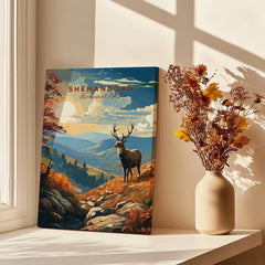 Shenandoah National Park art print with a stag in autumn colors, displayed on a windowsill next to a vase of dried flowers.