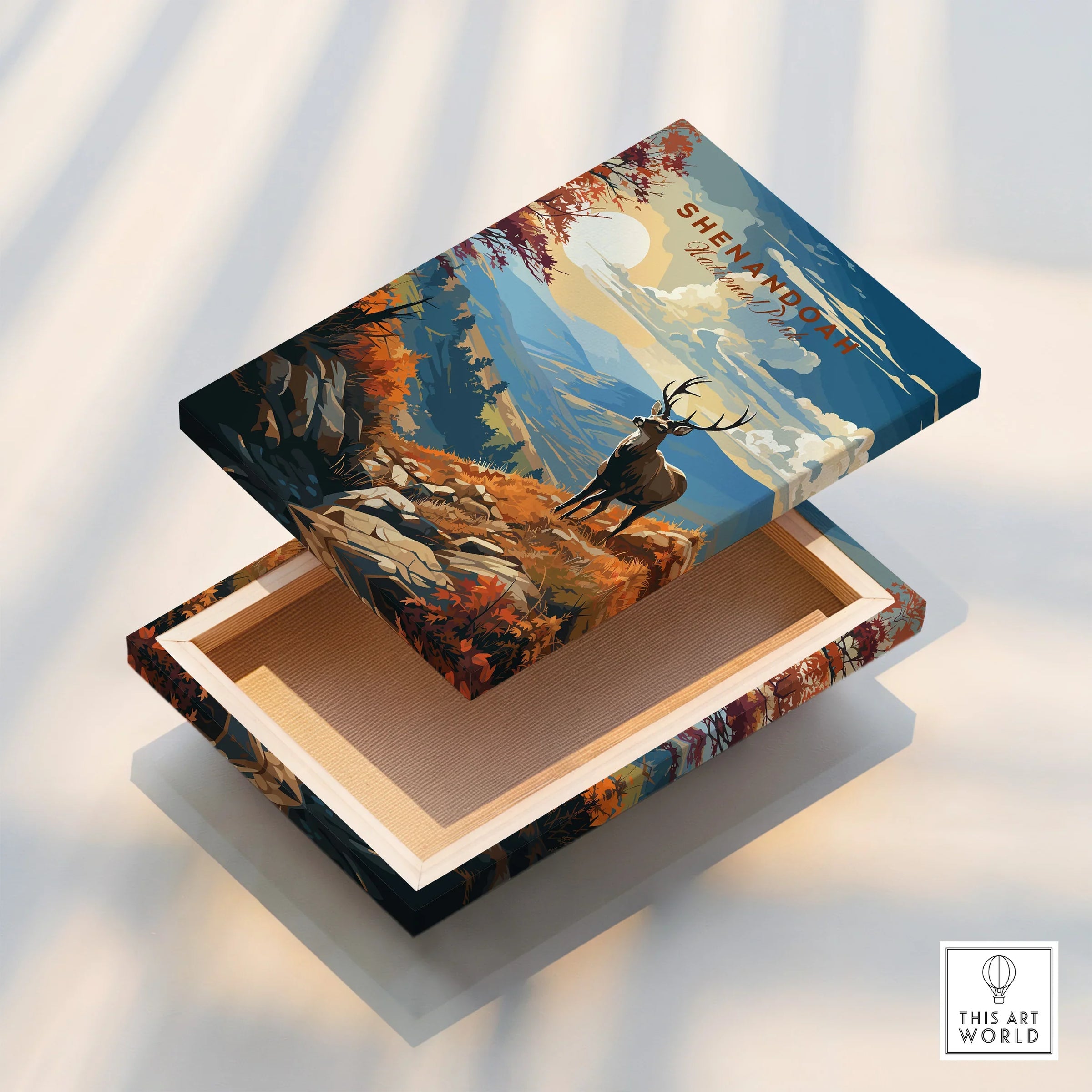 Shenandoah National Park canvas print with deer, sunrise mountains, floating frame detail
