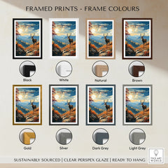 Shenandoah National Park art print with deer, displayed in various frame colors including black, white, natural, brown, gold, silver, dark grey, and light grey.