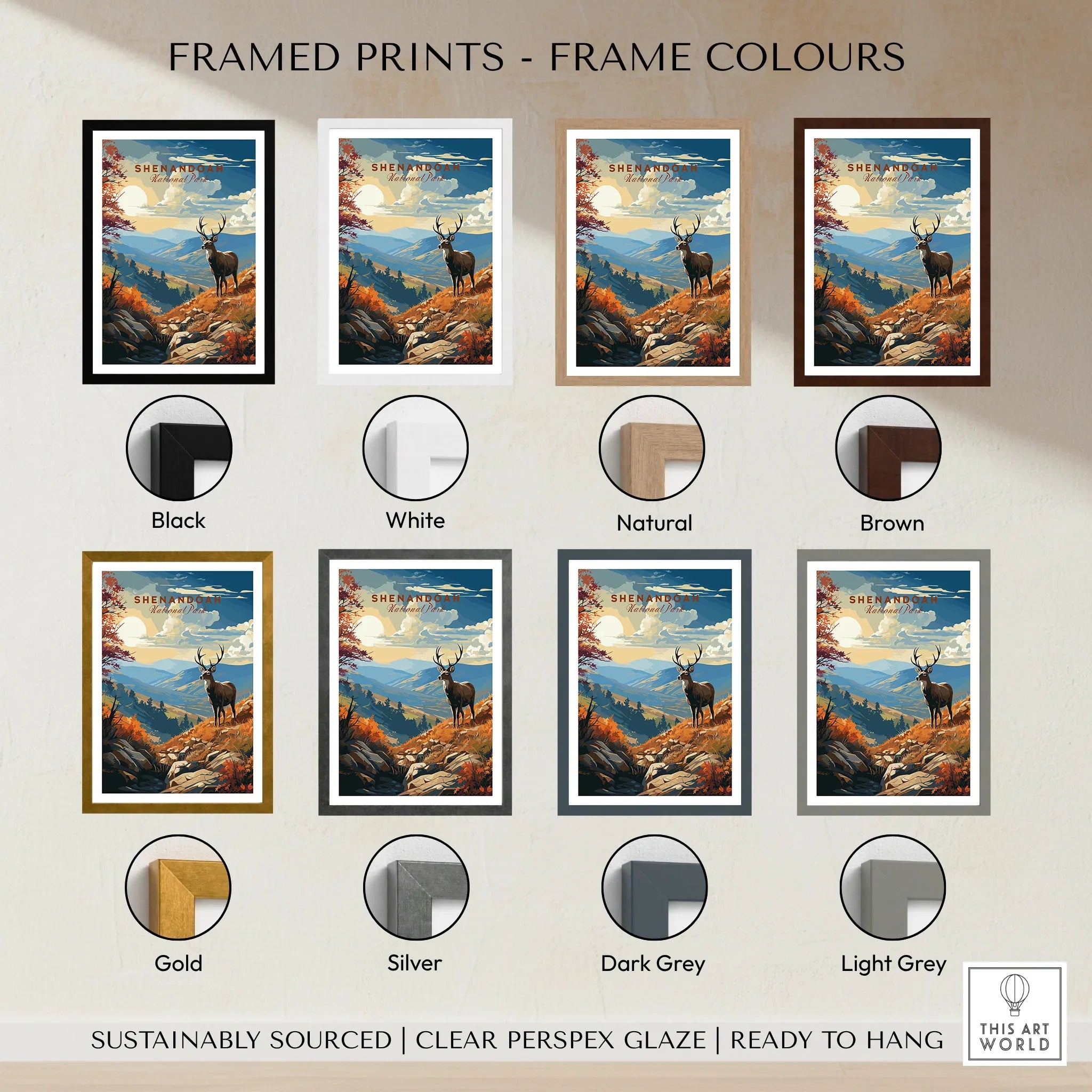 Shenandoah National Park art print with deer, displayed in various frame colors including black, white, natural, brown, gold, silver, dark grey, and light grey.