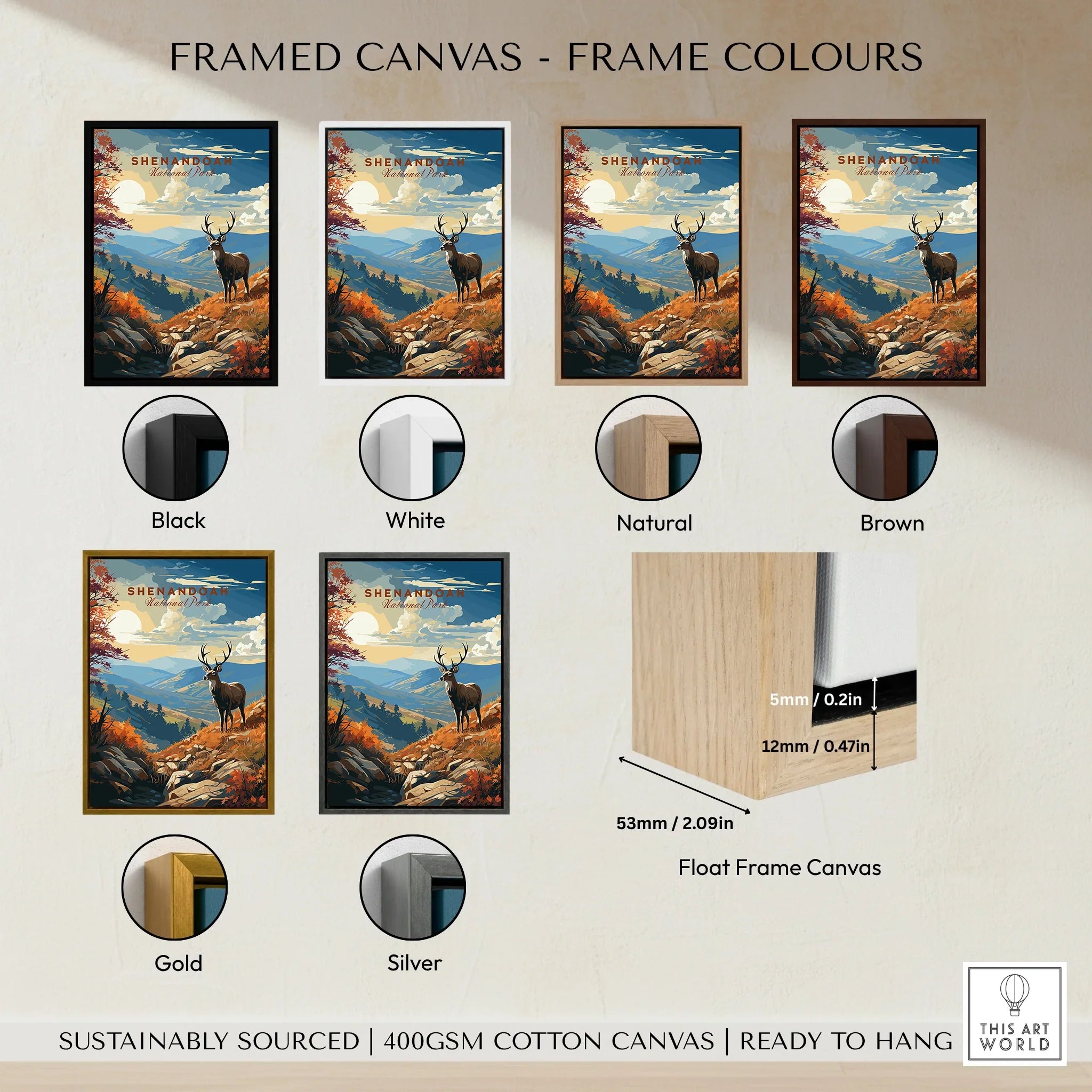 Framed Shenandoah National Park print with six frame color options: black, white, natural, brown, gold, silver.
