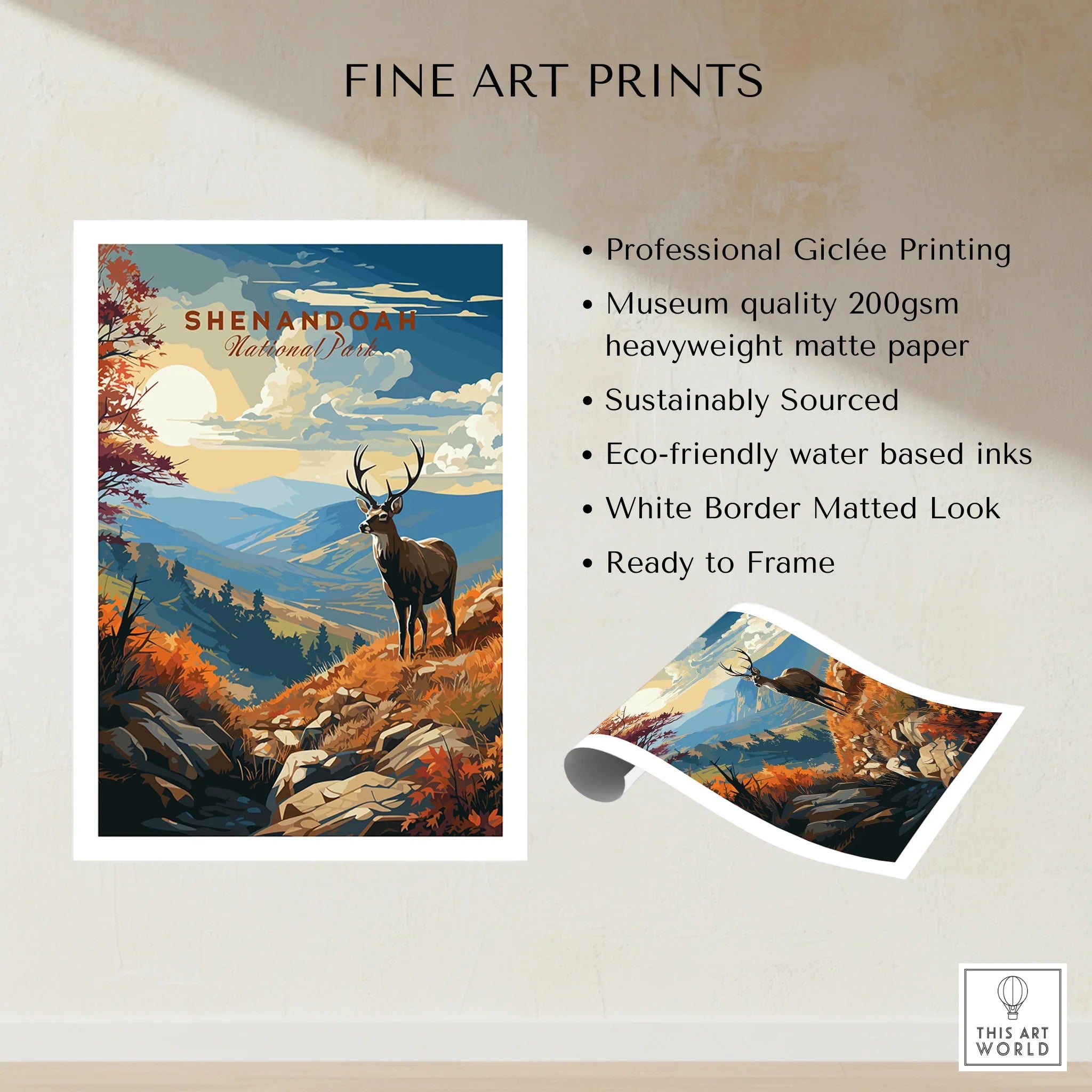 Shenandoah National Park fine art print featuring a stag in a vibrant autumn mountain landscape