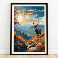 Shenandoah National Park art print with deer, autumn mountains, in black frame on wooden floor