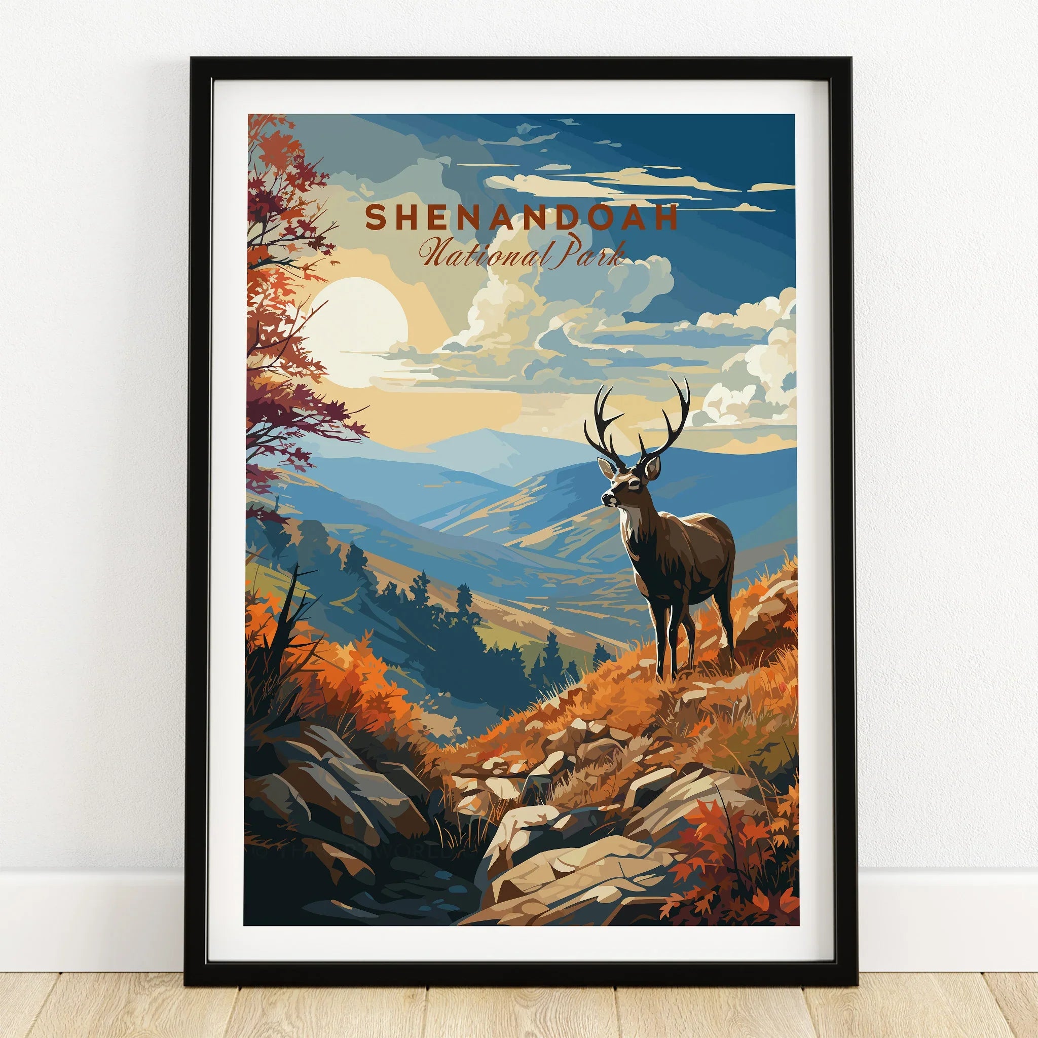Shenandoah National Park art print with deer, autumn mountains, in black frame on wooden floor