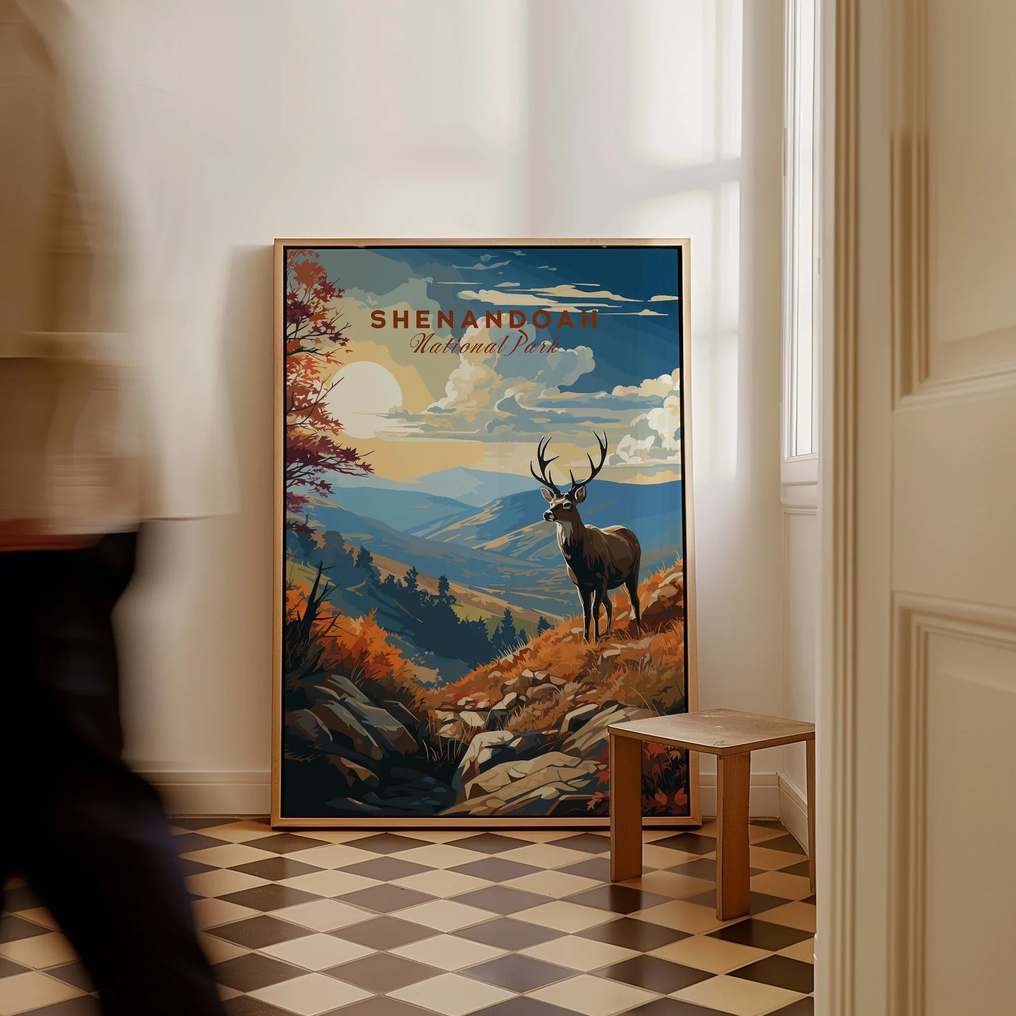 Shenandoah National Park travel poster on floor with deer, scenic mountains, and person walking by