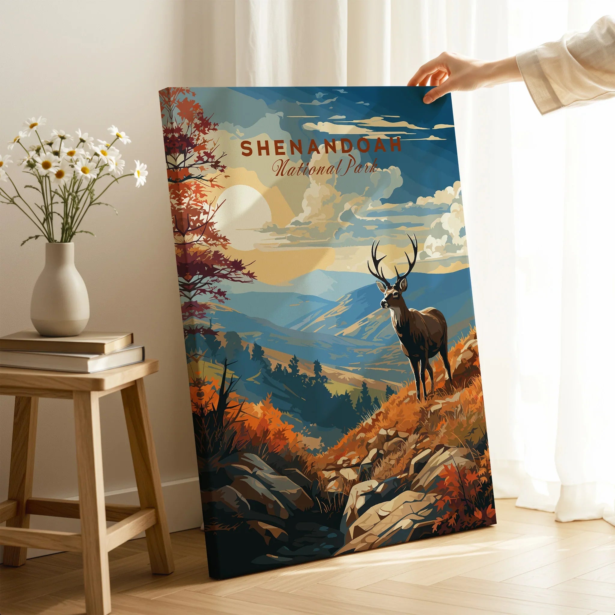 Shenandoah National Park canvas print with deer and mountain landscape, held in modern room