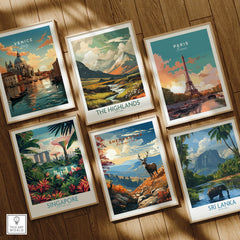 Set of six framed travel posters with nature and city scenes on wooden floor