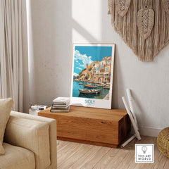 Modern Sicily Wall Art print featuring colorful boats and charming Italian architecture, ideal for home decor.