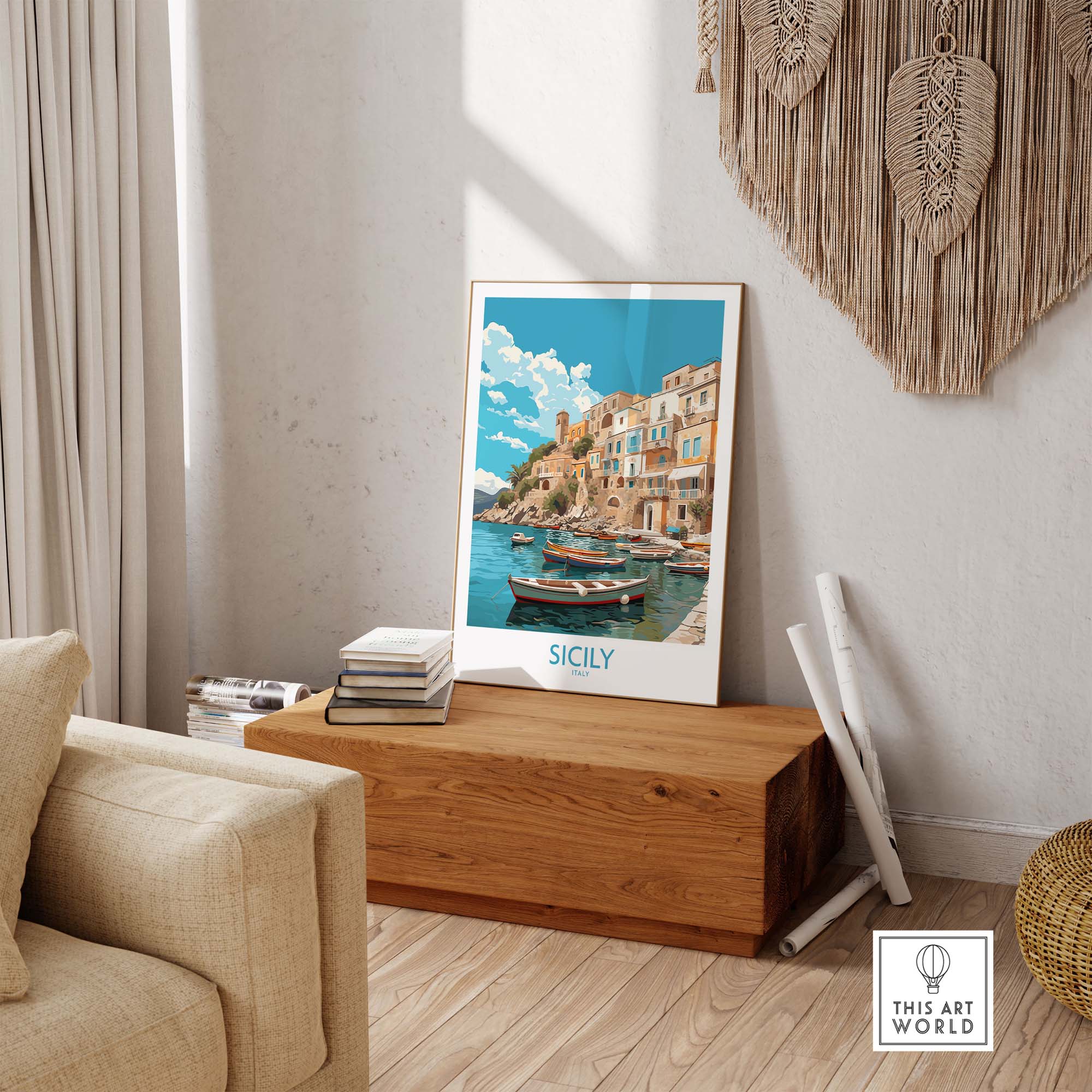 Modern Sicily Wall Art print featuring colorful boats and charming Italian architecture, ideal for home decor.