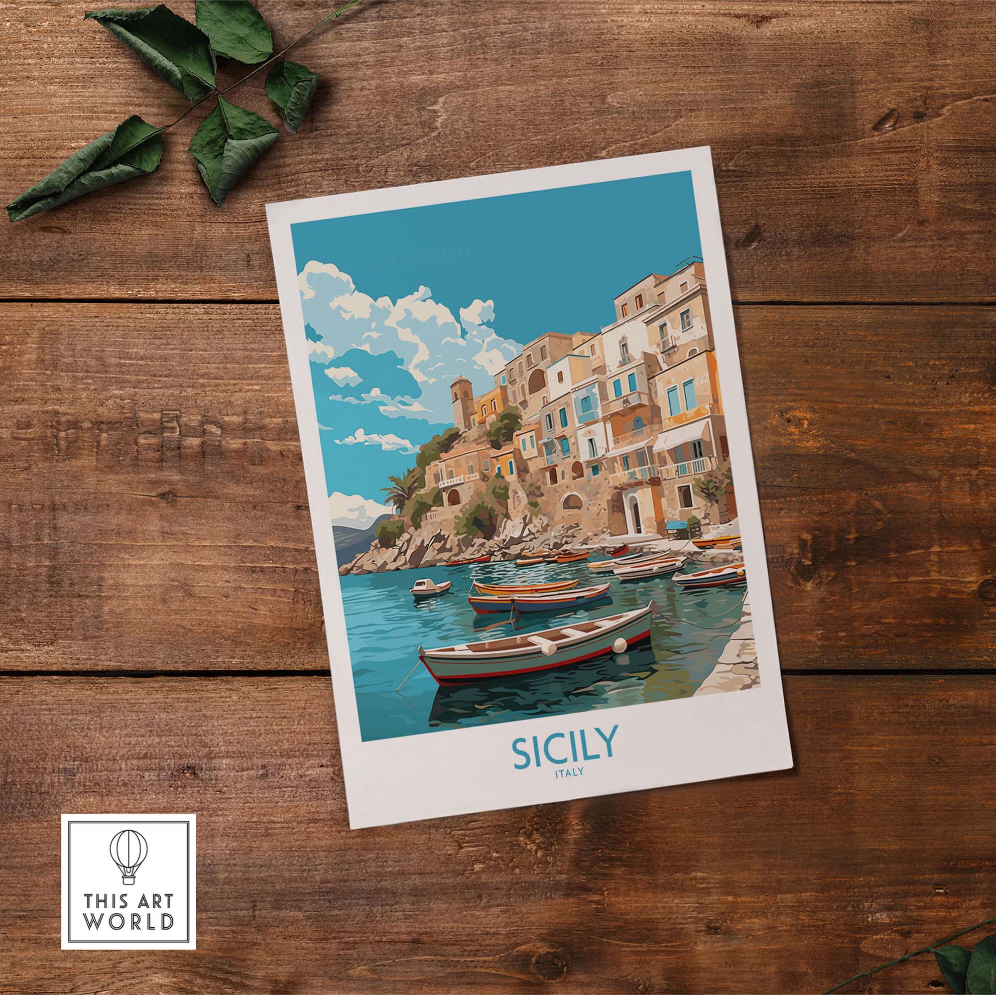 Sicily wall art print featuring colorful boats and scenic coastal architecture, ideal for modern home decor.
