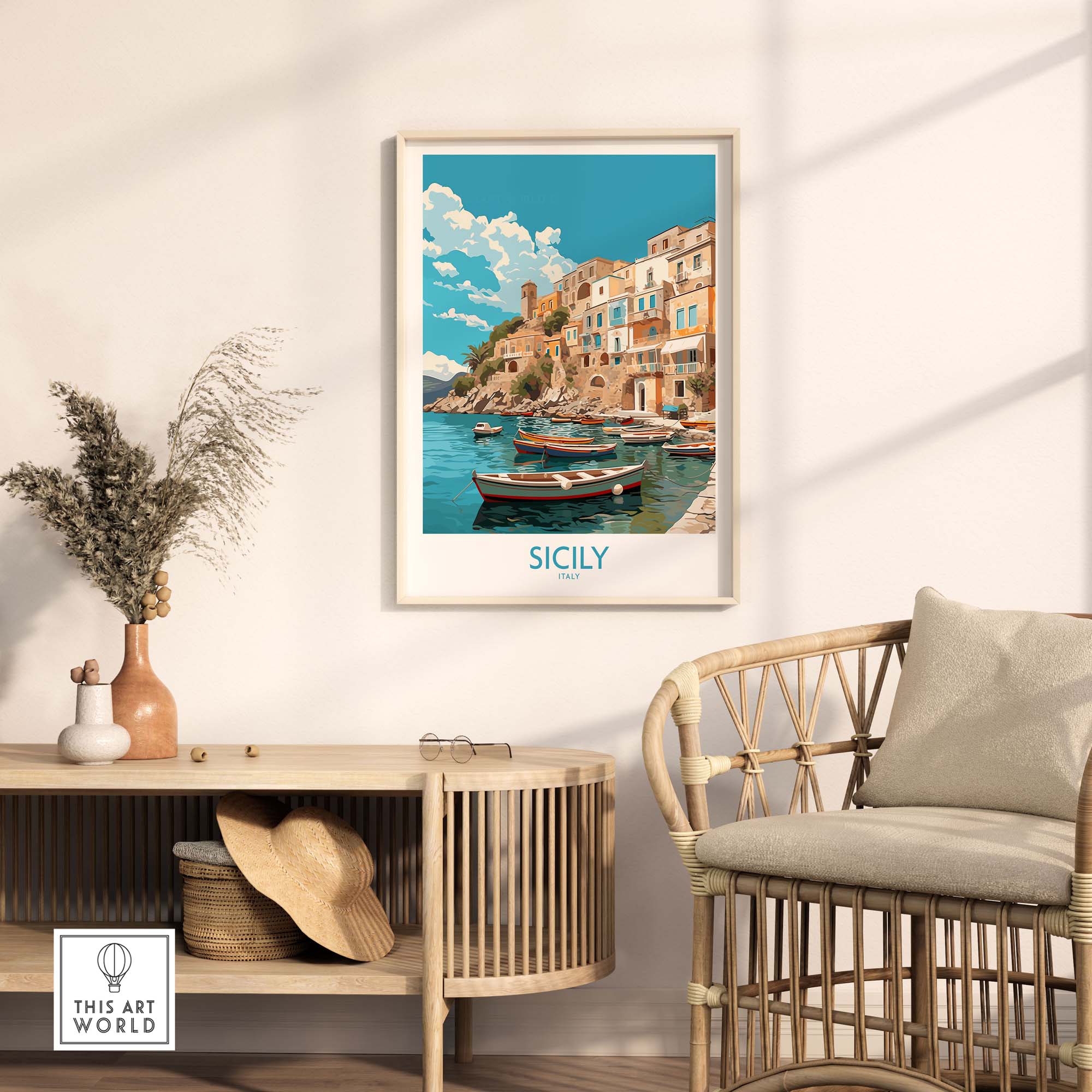 Sicily Wall Art Print featuring coastal boats and colorful buildings, framed in a stylish room decor setting.