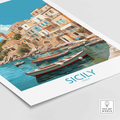 Sicily Wall Art print featuring colorful boats and coastal buildings in Italy, perfect for modern home decor.