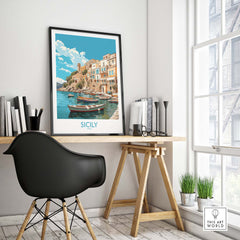 Sicily Wall Art print featuring colorful boats and Italian architecture in a modern home office setting.