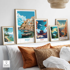 Gallery wall featuring Sicily Wall Art alongside prints of Philippines, Beijing, Costa Rica, and Grand Canyon in modern frames.