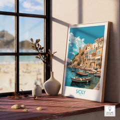 Sicily wall art print featuring a coastal village scene, perfect for modern home decor.