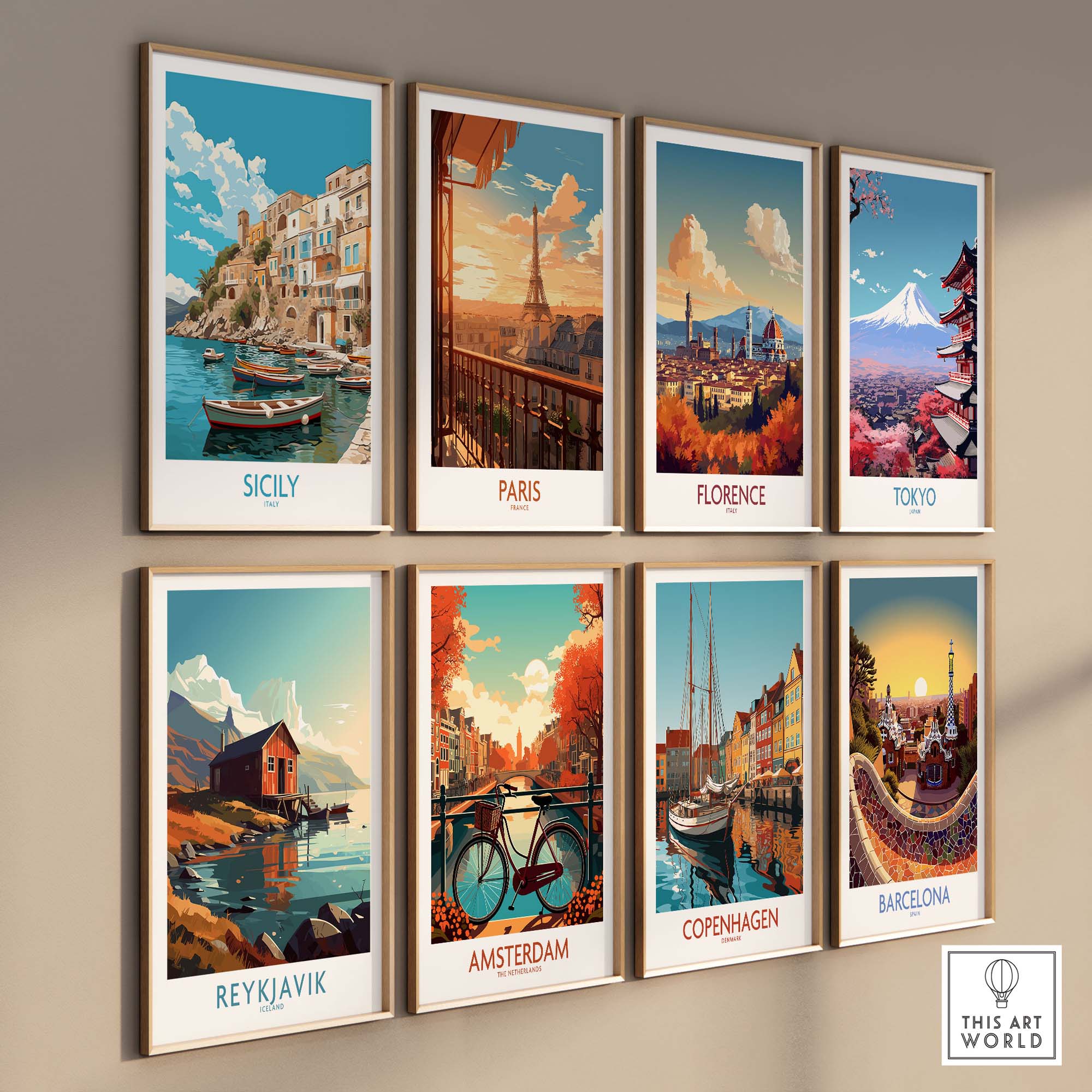 Collection of modern travel wall art prints showcasing iconic cities: Sicily, Paris, Florence, Tokyo, Reykjavik, Amsterdam, Copenhagen, Barcelona.
