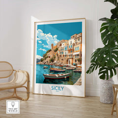 Sicily Wall Art featuring vibrant coastal scene with colorful boats and charming buildings, perfect for modern home decor.