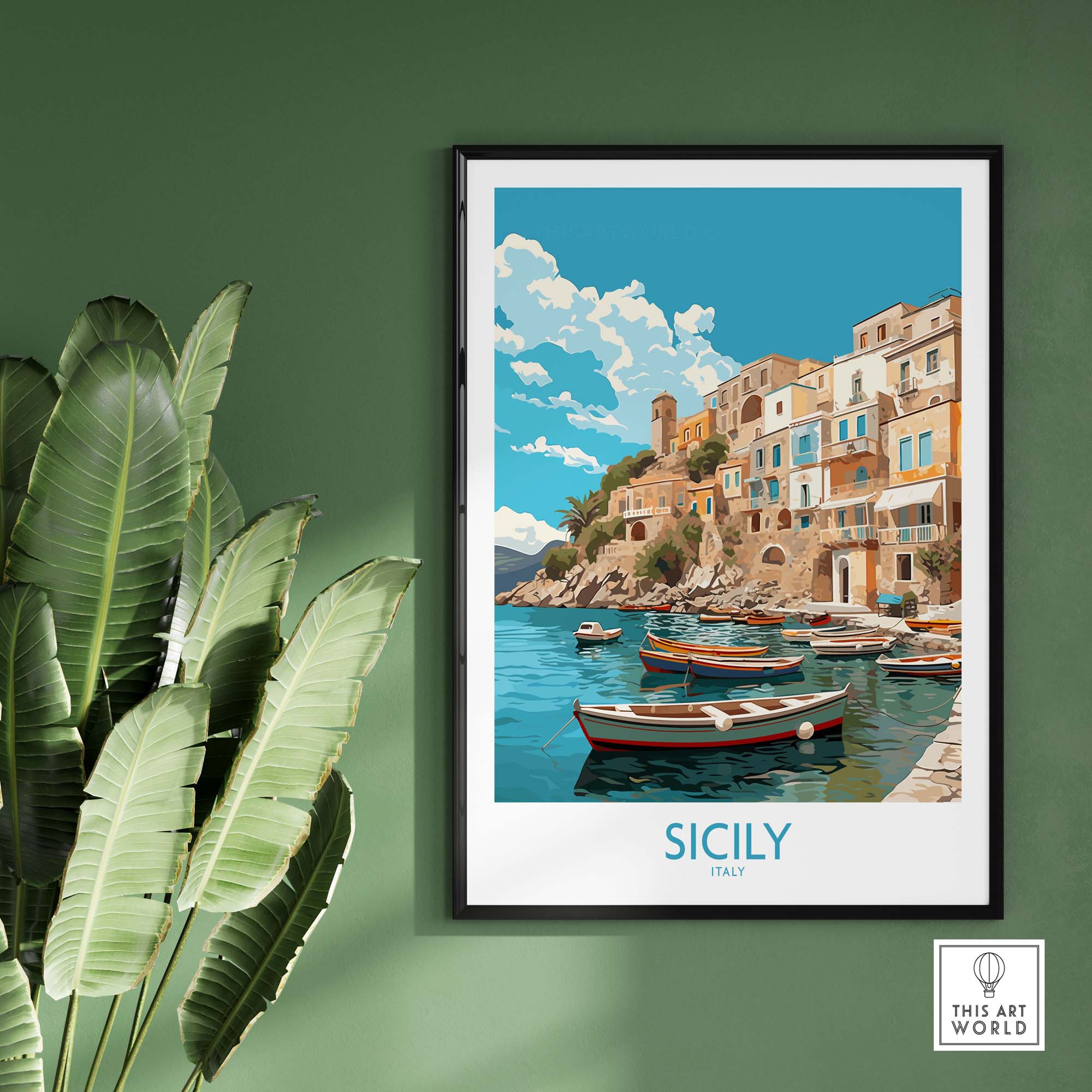 Sicily Wall Art print featuring colorful boats in a coastal scene, perfect for modern home decor.