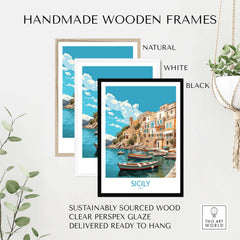 Sicily Wall Art with handmade wooden frames in natural, white, and black colors, sustainably sourced wood design.