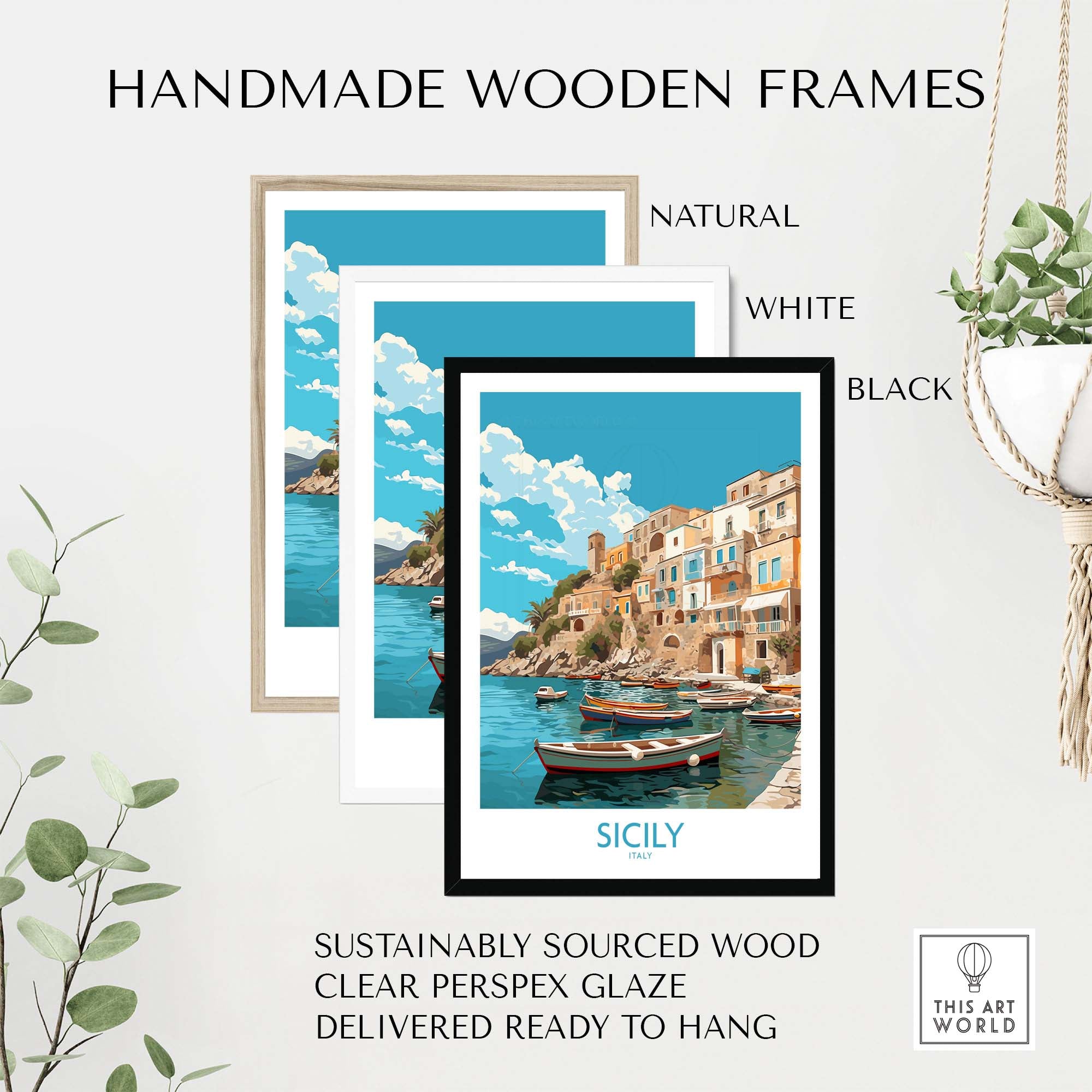 Sicily Wall Art with handmade wooden frames in natural, white, and black colors, sustainably sourced wood design.