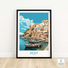 Sicily wall art print featuring coastal houses and boats, perfect for modern home decor and Italian art enthusiasts.
