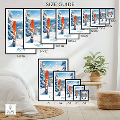 Size guide for Ski Destination Art featuring Stowe Vermont landscape view prints in various sizes.