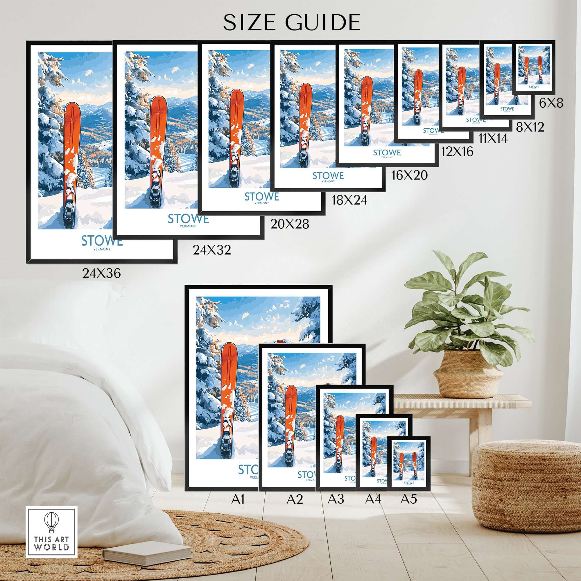 Size guide for Ski Destination Art featuring Stowe Vermont landscape view prints in various sizes.