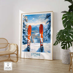 Stowe Vermont landscape print featuring skis, snowy mountains, and winter scenery in a cozy home setting.
