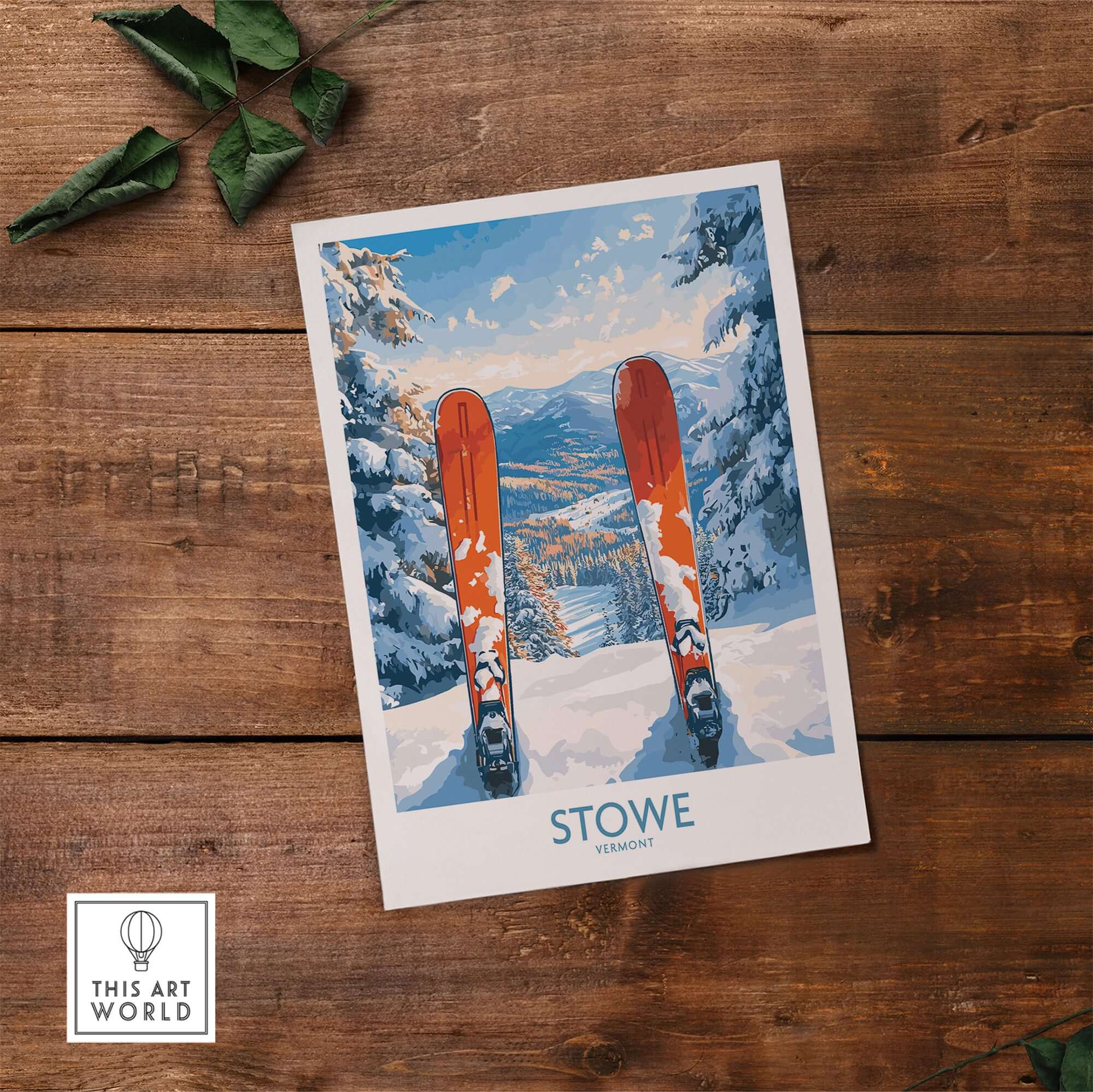 Stowe Vermont landscape view print featuring red skis in snowy scenery, perfect for winter sport and ski lovers.