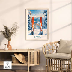 Ski destination art featuring Stowe Vermont landscape with red skis in snow, perfect for winter sport lovers.