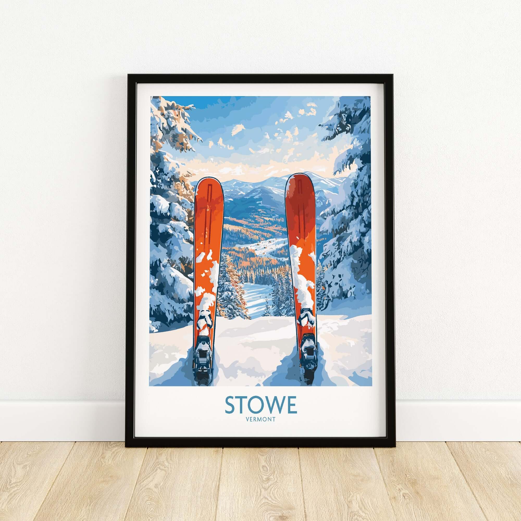 Framed Stowe Vermont ski art print with orange skis against a snowy mountain landscape, perfect for winter sport lovers.