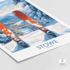Stowe Vermont ski destination art print featuring colorful skis and snowy landscape, perfect for winter sports lovers.