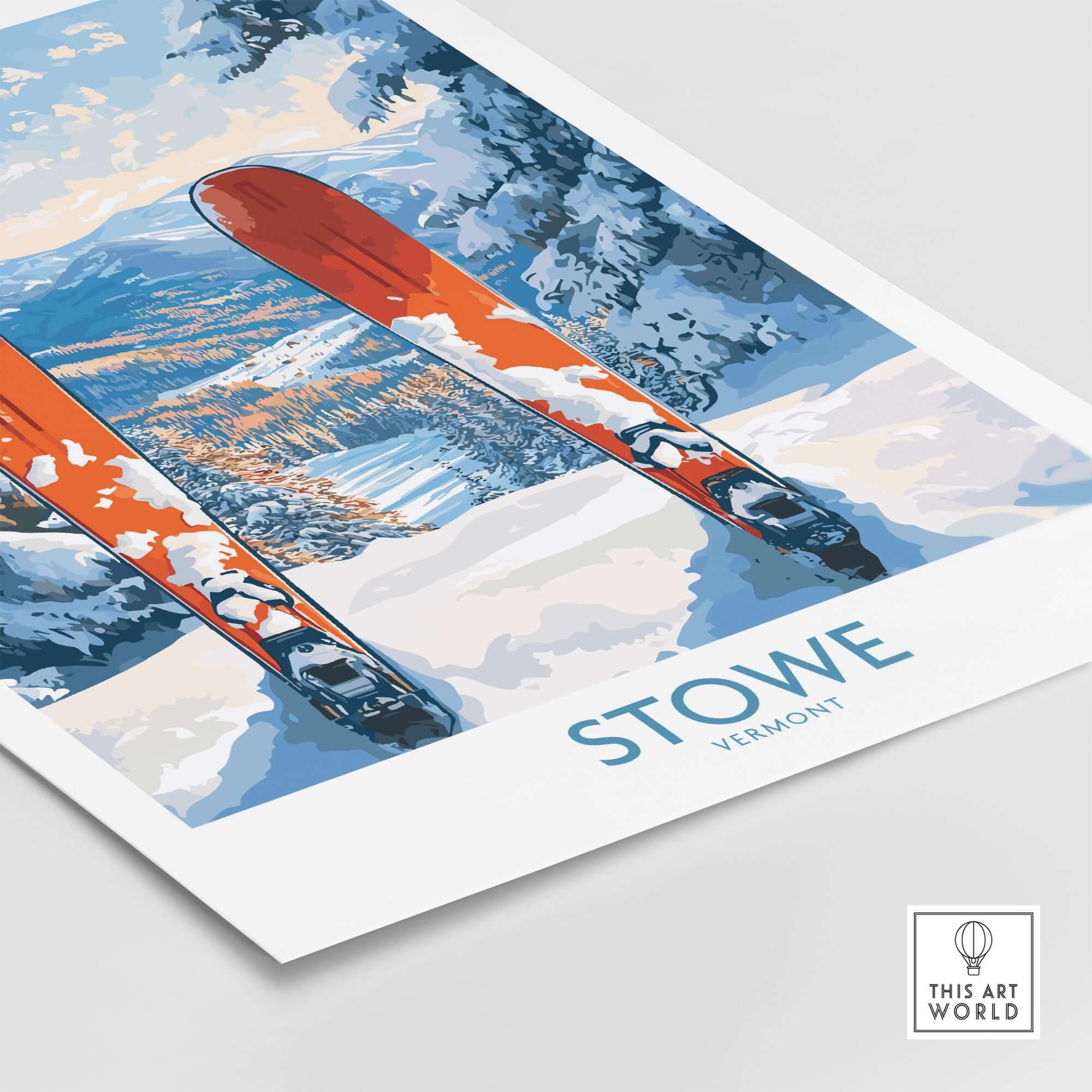 Stowe Vermont ski destination art print featuring colorful skis and snowy landscape, perfect for winter sports lovers.