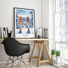 Ski destination art print featuring Stowe Vermont landscape view with skis in a modern home office setting.