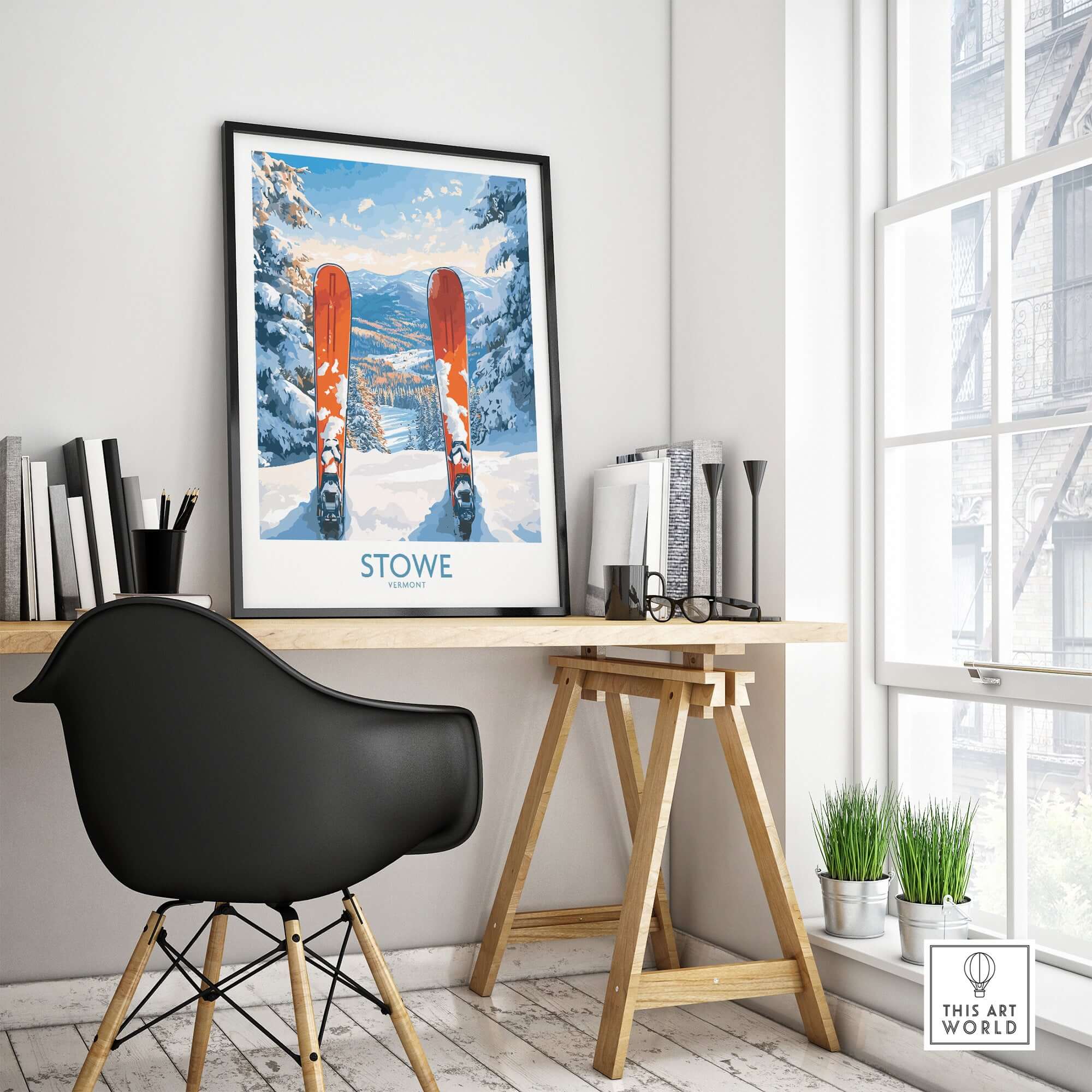 Ski destination art print featuring Stowe Vermont landscape view with skis in a modern home office setting.