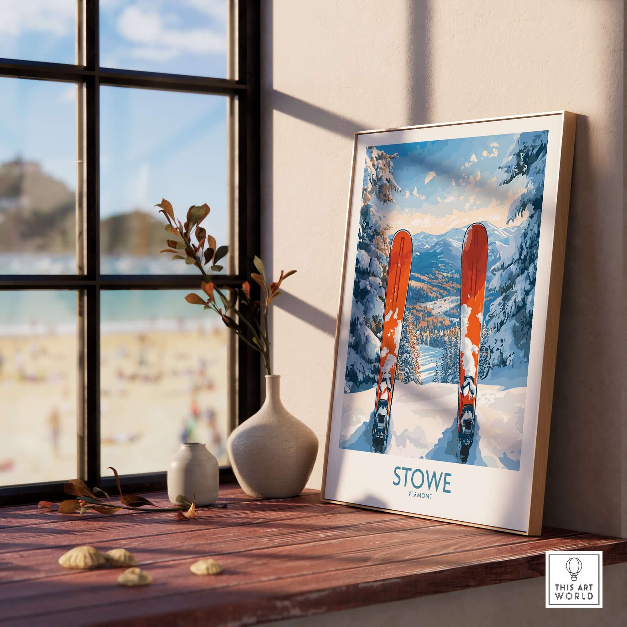 Stowe Vermont landscape view print featuring skis against a winter backdrop, perfect for ski lovers and winter sport enthusiasts.