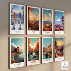 Gallery of vibrant travel posters featuring Stowe, Paris, Florence, Tokyo, Reykjavik, Amsterdam, Copenhagen, and Barcelona
