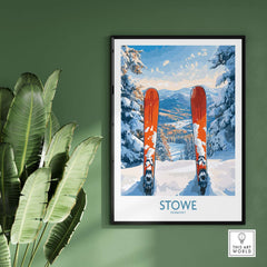 Stowe Vermont landscape view print featuring snowy slopes and vibrant skis, ideal for winter sport decor.