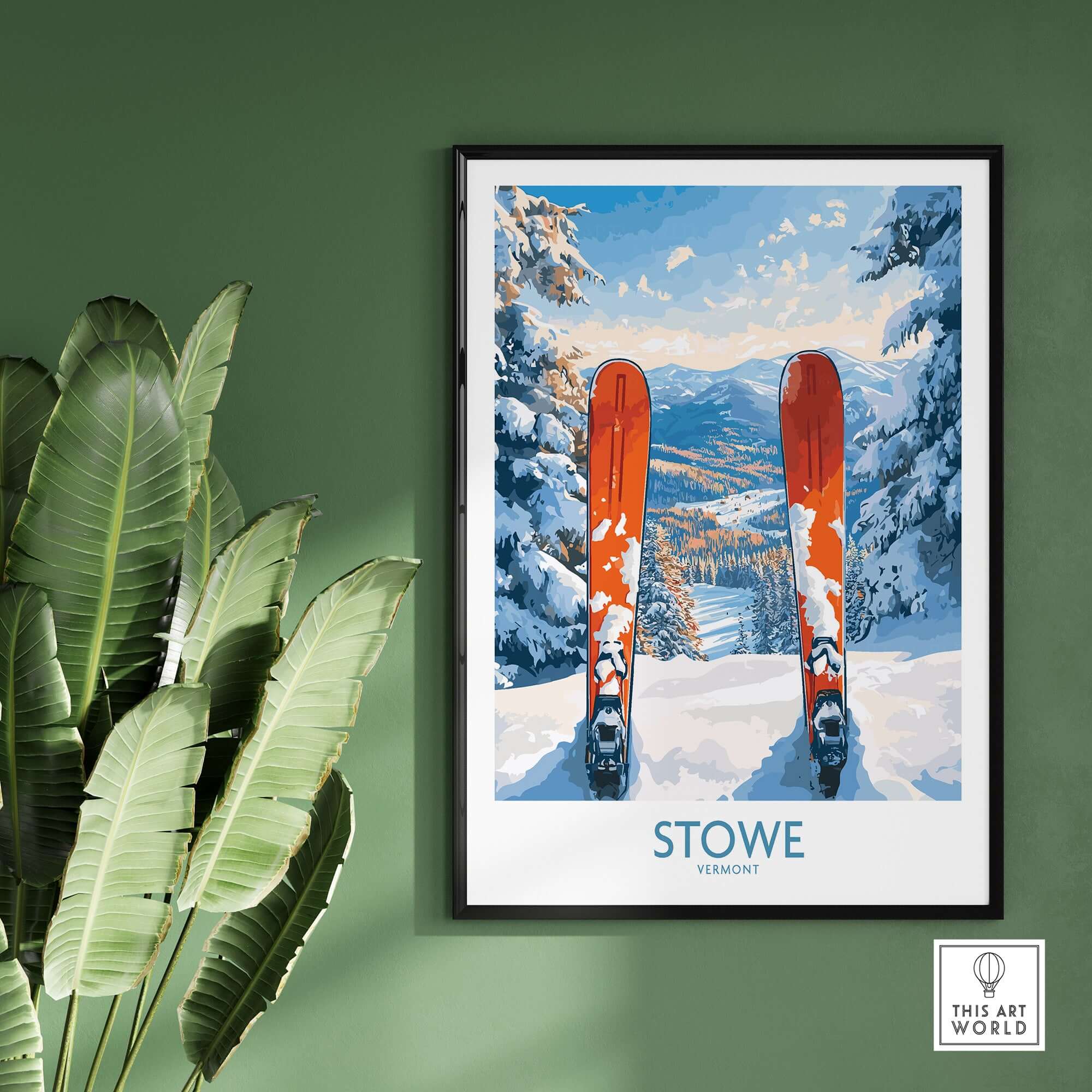 Stowe Vermont landscape view print featuring snowy slopes and vibrant skis, ideal for winter sport decor.