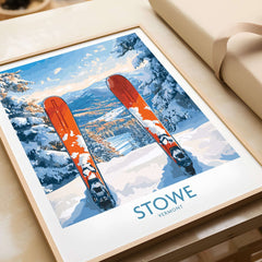 Framed ski destination art print of Stowe, Vermont showcasing snowy slopes and vibrant red skis.