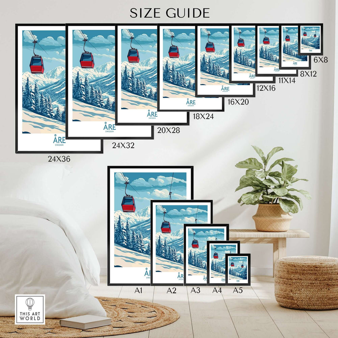 Size guide for Ski Poster Åre Sweden, featuring various frame sizes against a cozy interior backdrop.