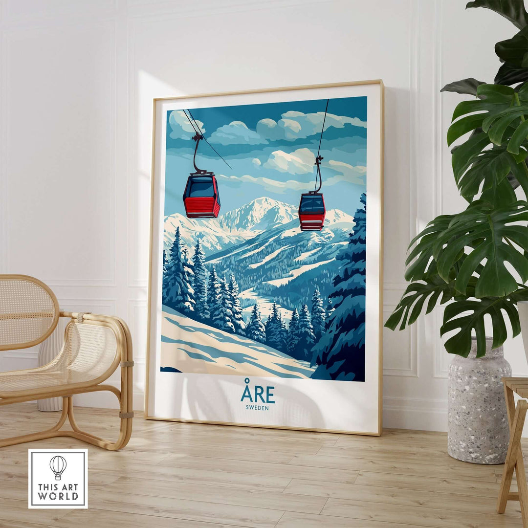 Ski poster of Åre, Sweden featuring cable cars and snowy mountains, perfect for alpine adventure inspiration.