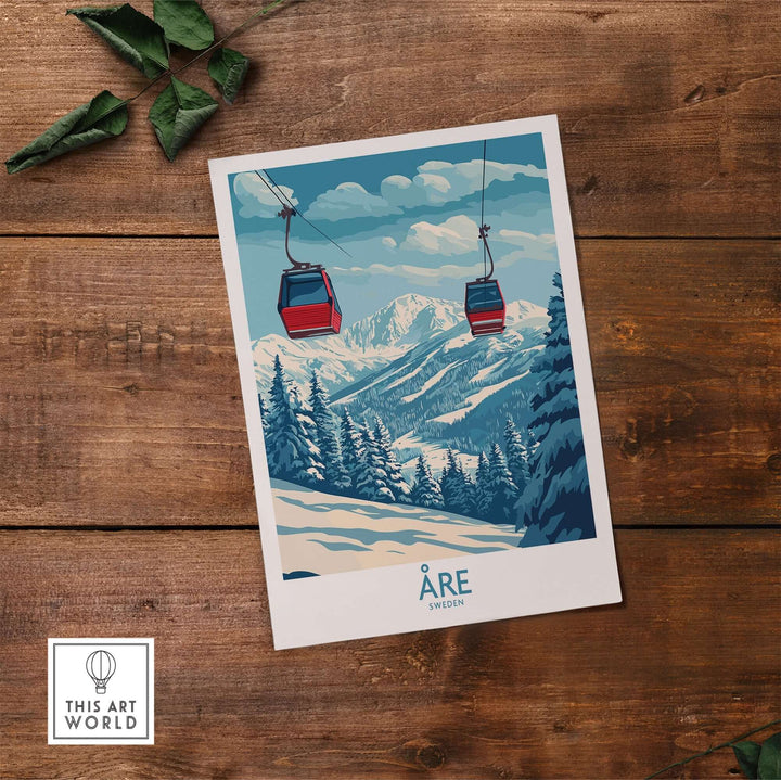 Ski poster of Åre, Sweden featuring gondola lifts and scenic mountains, capturing the essence of alpine adventure.