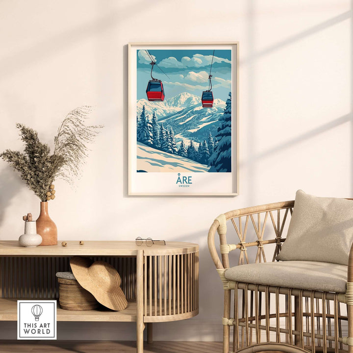 Ski poster of Åre, Sweden, featuring cable cars and snow-covered mountains in a cozy interior setting.