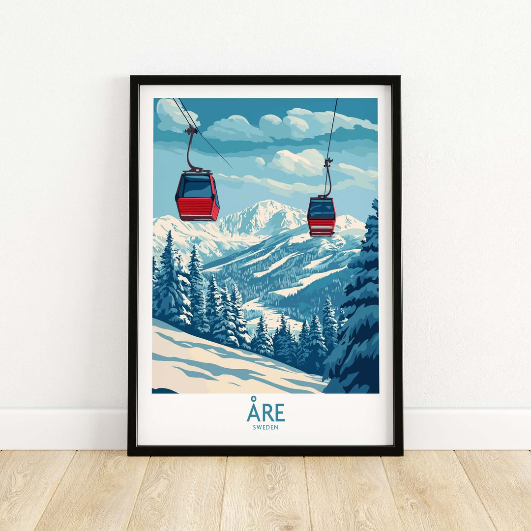 Ski poster featuring red gondolas above snow-covered mountains in Åre, Sweden, perfect for skiing enthusiasts.