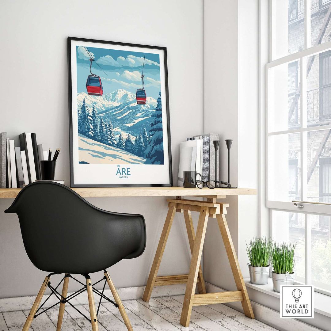 Ski poster of Åre Sweden showcasing a ski lift amidst snowy mountains, perfect for home or office decor.