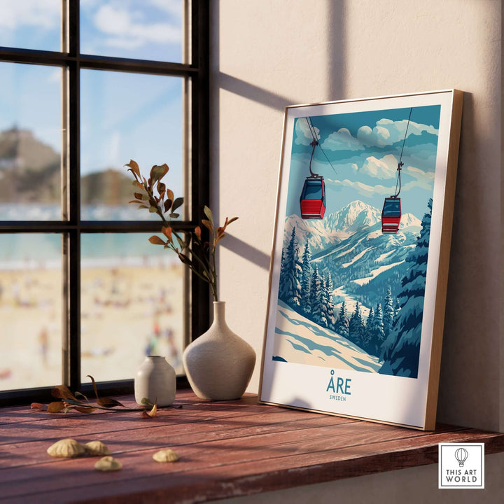 Ski poster of Åre, Sweden, showcasing slopes and gondolas, perfect for winter sports enthusiasts and scenic décor.