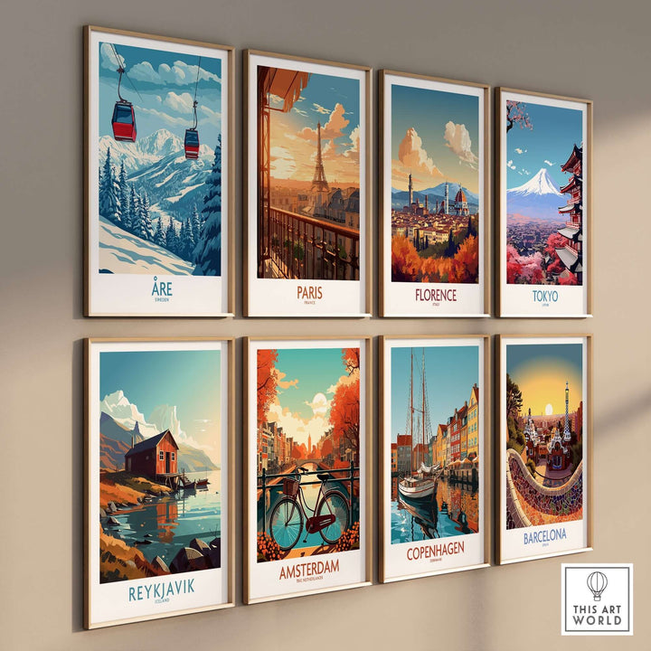 Vintage travel posters featuring Åre, Paris, Florence, Tokyo, Reykjavik, Amsterdam, Copenhagen, and Barcelona on a wall.